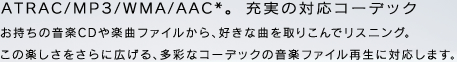ATRAC/MP3/WMA/AAC*。充実のコーデック
お持ちの音楽CDや楽曲ファイルから、好きな曲を取りこんでリスニング。
この楽しさをさらに広げる、多彩なコーデックの音楽ファイル再生に対応します。