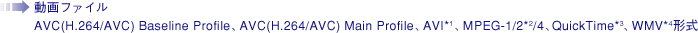 t@C AVC(H.264/AVC) Baseline, AVC(H.264/AVC) Main Profile, AVI*1, MEPG-1/2*2/4, QuickTime*3, WMV*4